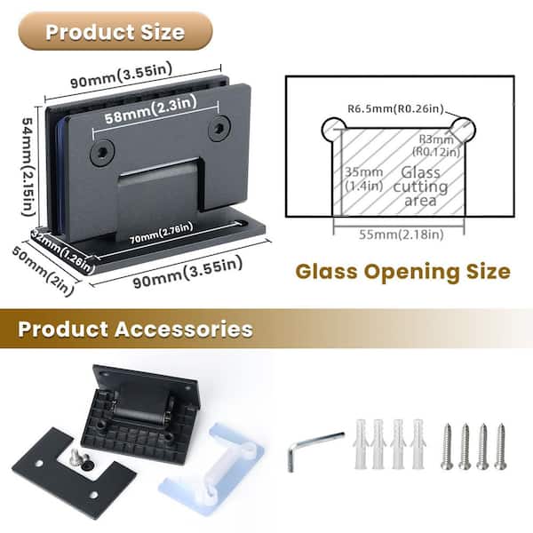 2‑Piece Bath Hardware Set 90 Degree Wall‑to‑Glass Frameless Shower Door Hinges with Mounting Hardware in Black