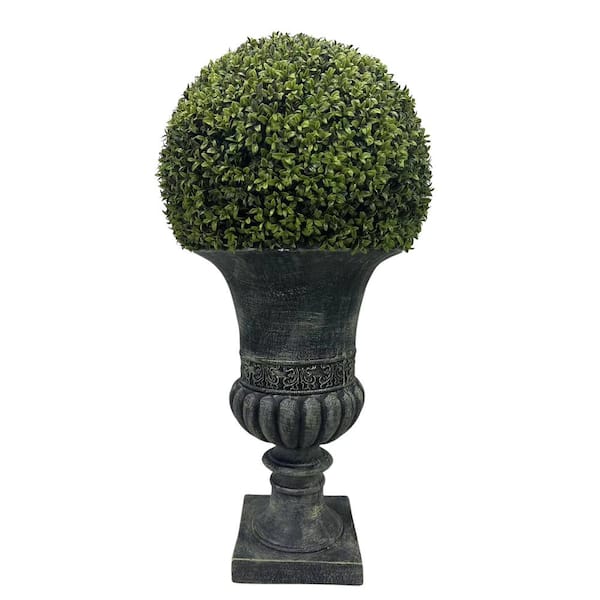 32 in. Ball Topiary in Grey Pedestal Pot, Artificial Faux Plant for indoor and Outdoor