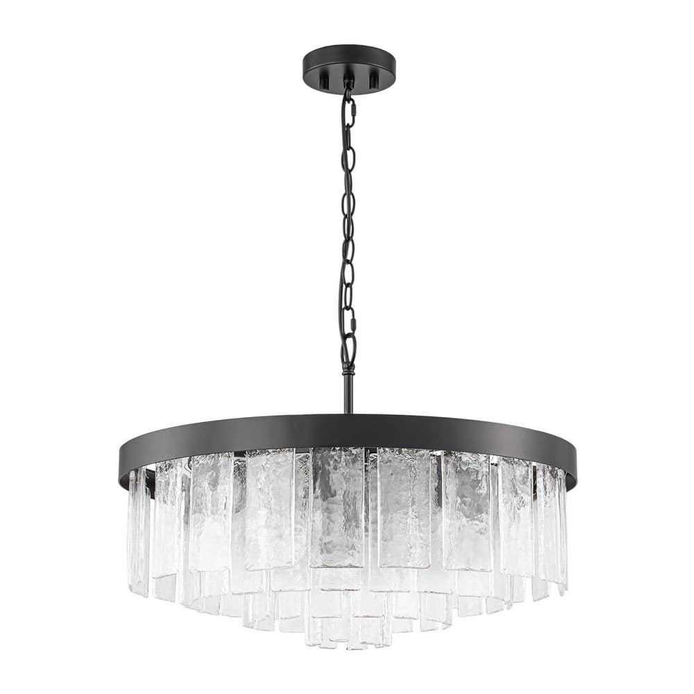 Hielo 7-Light 23.6 in. W Matte Black Multi-Tier Etched Water Glass Chandelier for Dining Room and Living Room price history on PriceWatchPro