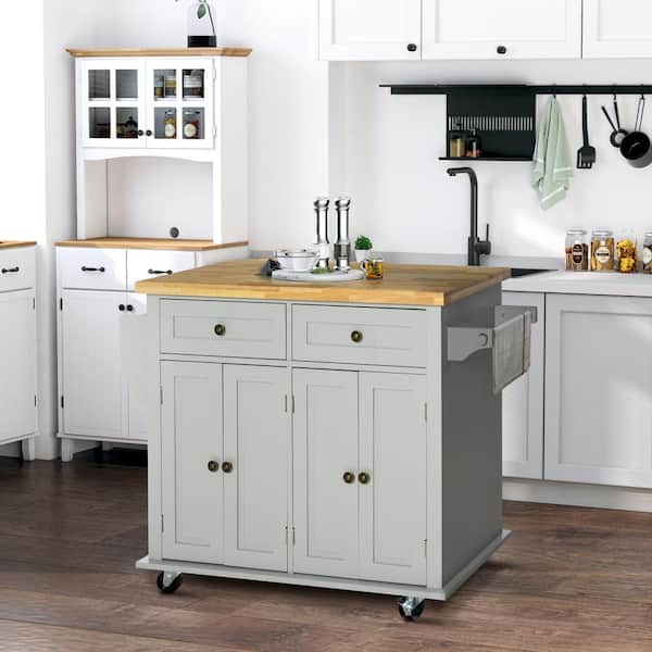 Tenleaf Gray Wood 43.75 in. Kitchen Island on Wheels, Rolling Kitchen Cart with Drawers and Adjustable Shelve