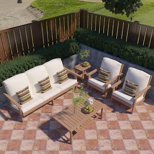 Brown 5-Piece Wood Grain Plastic Patio Conversation Set with Beige Thickened Cushions