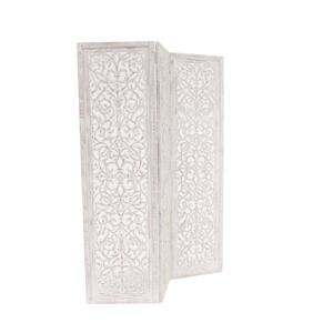 6 ft. Rectangle Hinged Foldable Partition White Floral 3 Panel Room Divider Screen with Intricately Carved Designs