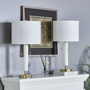 Concord 26.25 in. 2-Light Dolomite and Gold Modern Minimalist Table Lamp with White Fabric Drum Shade (Set of 2)