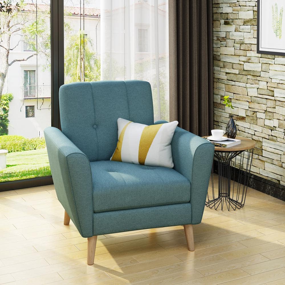 Mid-Century Blue Fabric Club Chair with Rubberwood Legs