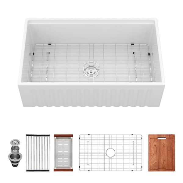 33 in. Farmhouse Single Bowl White Porcelain Ceramic Kitchen Workstation Sink with Reversible Apron and Accessories