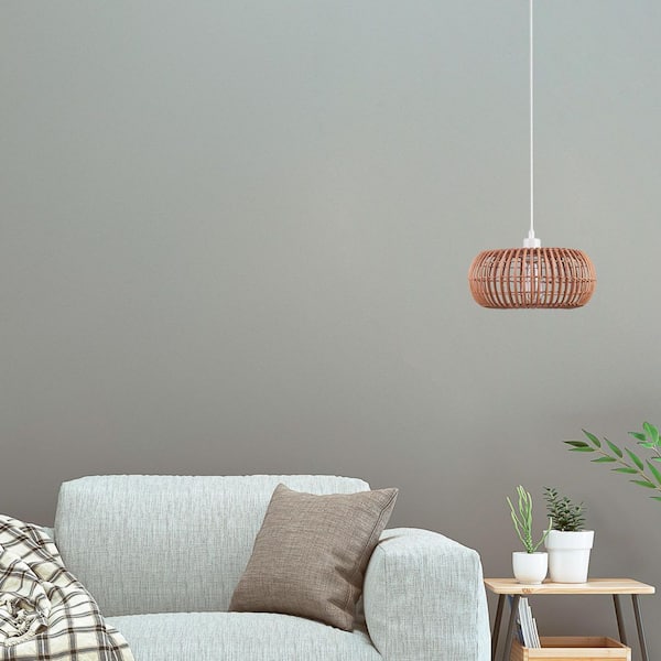 1-Light White Plug-In or Hardwired Shaded Pendant Lighting with Rattan Shade