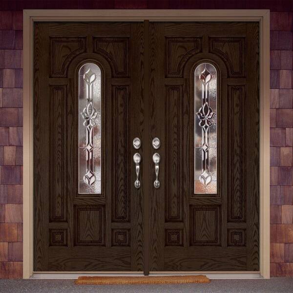 74 in. x 81.625 in. Medina Zinc Center Arch Lite Stained Walnut Oak Right-Hand Fiberglass Double Prehung Front Door
