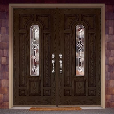 74 in. x 81.625 in. Medina Zinc Center Arch Lite Stained Walnut Oak Left-Hand Fiberglass Double Prehung Front Door