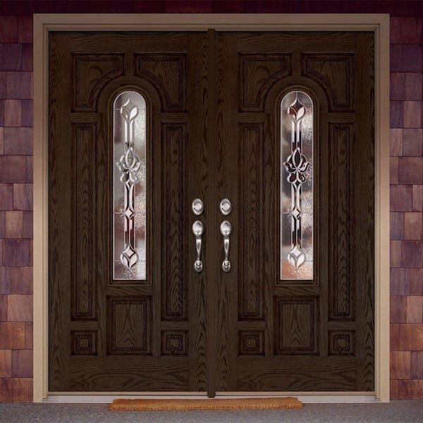 74 in. x 81.625 in. Medina Zinc Center Arch Lite Stained Walnut Oak Left-Hand Fiberglass Double Prehung Front Door