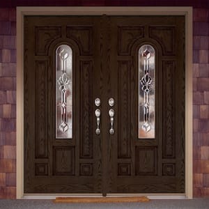 74 in. x 81.625 in. Medina Zinc Center Arch Lite Stained Walnut Oak Right-Hand Fiberglass Double Prehung Front Door
