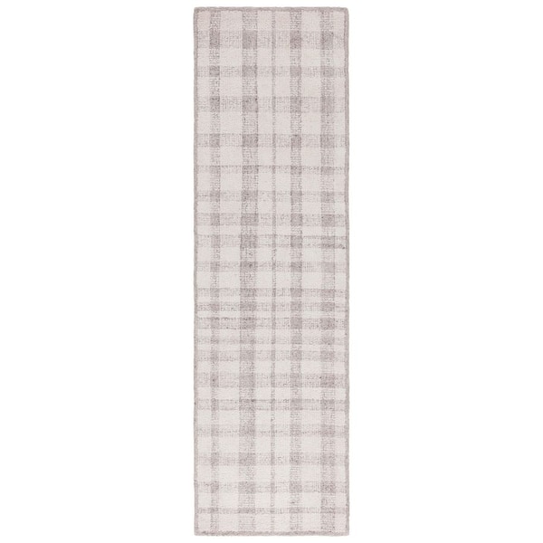 Abstract 2 ft. x 8 ft. Ivory/Silver Border Plaid Runner Rug