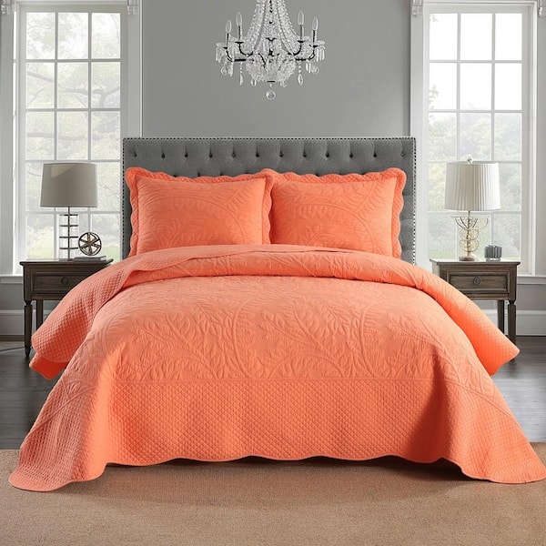 MarCielo T-Monica 3-Piece Salmon Embroidery 100% Cotton Lightweight King Size Quilt Bedspread Set