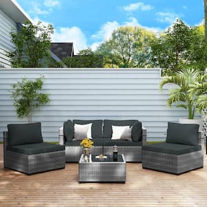 5-Piece Wicker Patio Conversation Set with Dark Gray Cushions and Coffee Table
