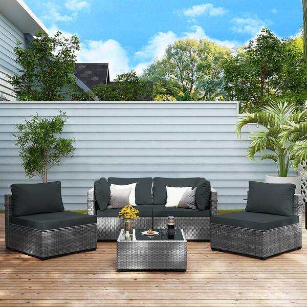 UPHA 5-Piece Wicker Patio Conversation Set with Dark Gray Cushions and Coffee Table