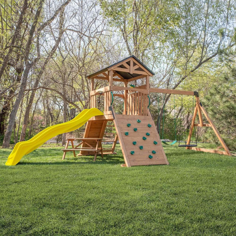Endeavor II Cedar Wood Swing Set with Yellow Slide and Picnic Table