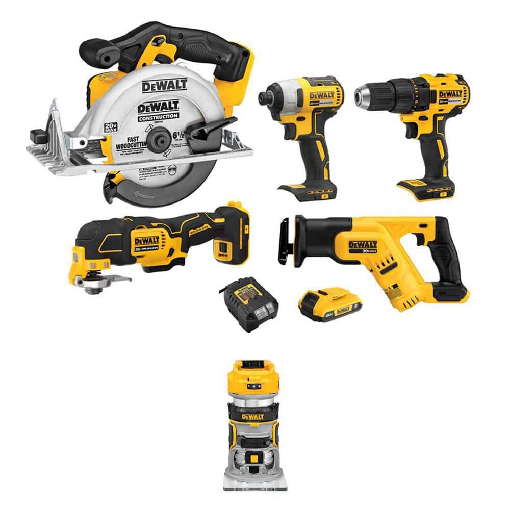 DEWALT 20V MAX Lithium-Ion Cordless Combo Kit (5-Tool) and 20V MAX XR Brushless Compact Router with 2.0 Ah Battery and Charger (DCK540D1WCW600B)