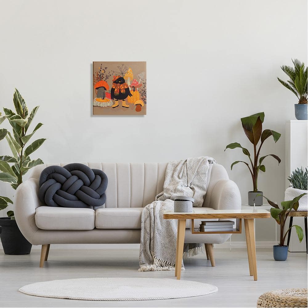 Cozy Crow with Mushrooms Brown Canvas Wall Art, 17 x 17