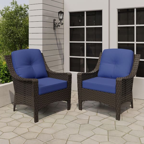 INMITOM 2-Piece Wicker Outdoor Lounge Chair Set with Blue Cushions for Patio, Deck, or Backyard