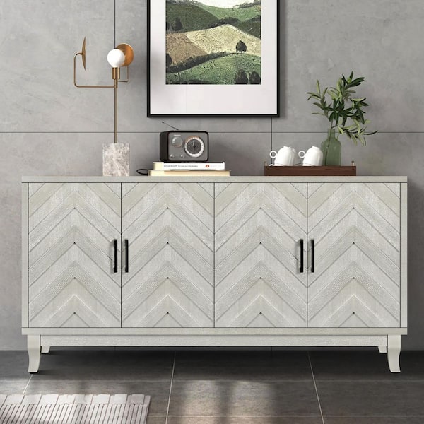 Vintage Champagne Silver MDF Pine 60 in. Buffet Sideboard with 4 Doors and Adjustable Shelves