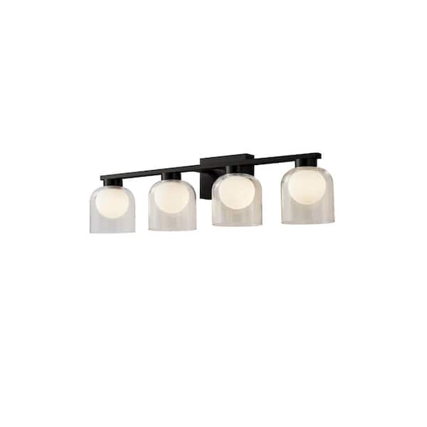 Austin 28.35 in. 4-Light Classic Black Integrated LED Dimmable 3 CCT Vanity Light with White and Clear Glass Shad