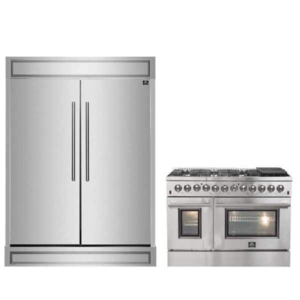 Forno 2-Piece Kitchen Bundle - Galiano 48 in. Stainless Steel Range, Maderno 2-28 in. Wide Units with Decorative Trim