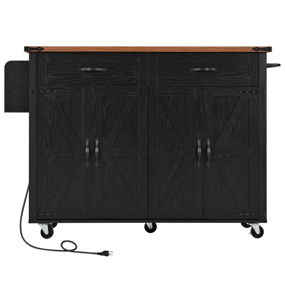 Black MDF Kitchen Cart with Drop Leaf and Power Outlet