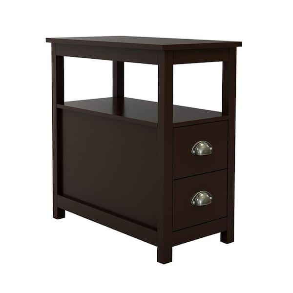HOMEFUN Brown Modern Wooden Space-Saving Rectangular End Table with 2-Drawers and Open Shelf