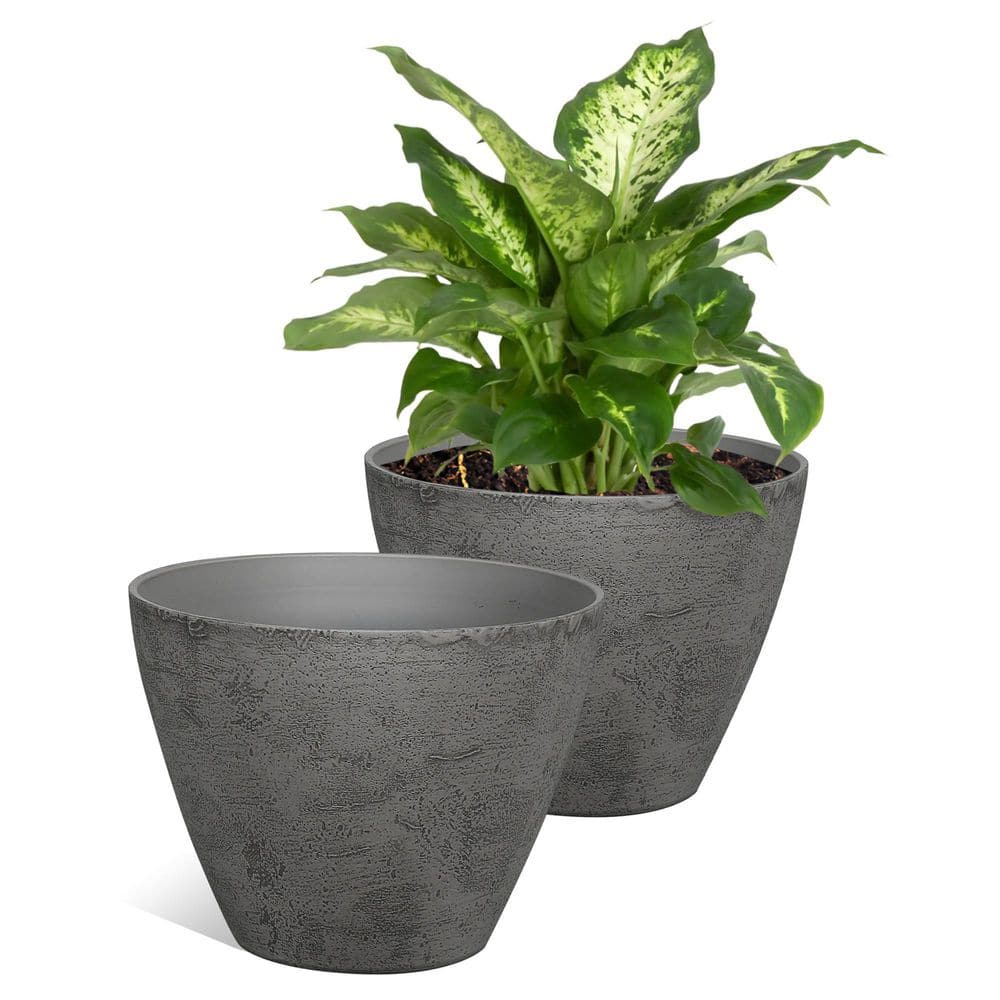 12 in. Dia Charcoal Round Faux Concrete Planter (2-Pack)