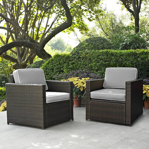 CROSLEY FURNITURE Palm Harbor 2-Piece Wicker Outdoor Seating Set with Grey Cushions - 2 Wicker Outdoor Chairs