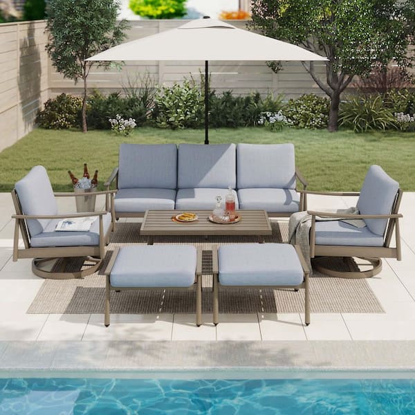 Sunset Retreat 6-Piece Blue Aluminum Patio Conversation Set with 2-Swivel Chairs, sofa, 2-Ottomans and Coffee table