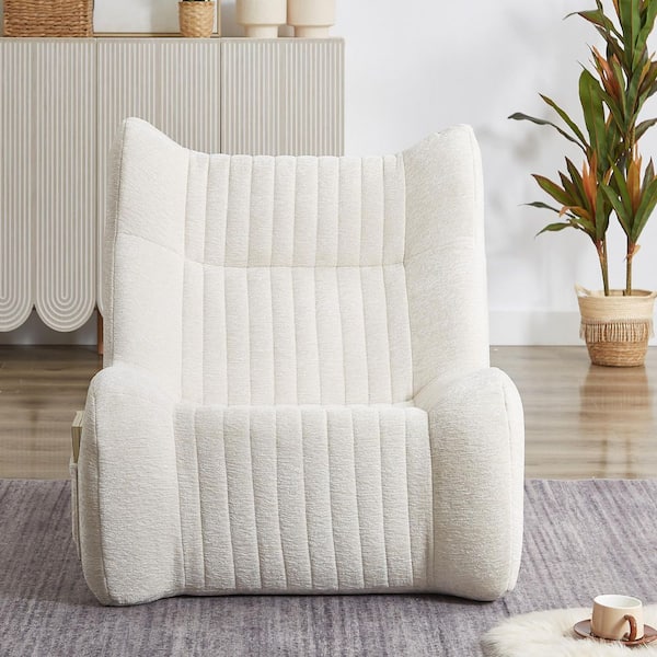 White Chenille Bean Bag Chair, Upholstery Accent Armchair with Side Pocket for Lounging, Reading