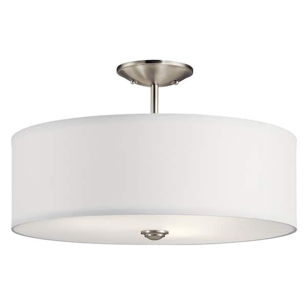 Shailene 18 in. 3-Light Brushed Nickel Round Hallway Transitional Semi-Flush Mount Ceiling Light with Microfiber Shade