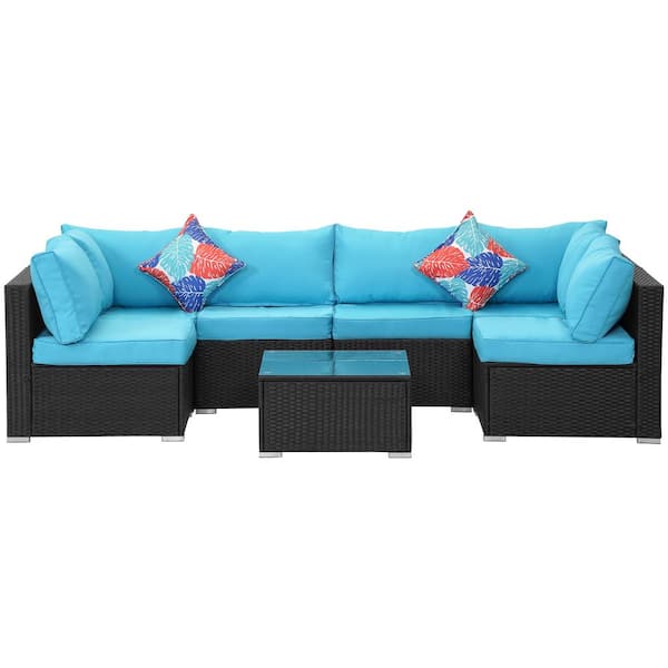 Zeus & Ruta Black 7-Piece Wicker Outdoor Patio Conversation Sectional Sofa Seating Set with Blue Cushions and Pillow