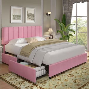Upholstered Bed Pink Metal Frame Queen Size Platform Bed with 4-Storage Drawers and Headboard, Wooden Slats Support