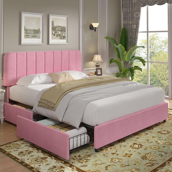 VECELO Upholstered Bed Pink Metal Frame Queen Size Platform Bed with 4-Storage Drawers and Headboard, Wooden Slats Support