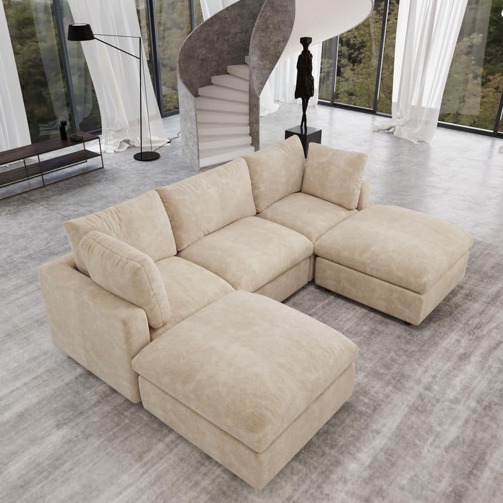 100.5 in. Chenille 4-Seater Loveseat Modular Free Combination Sectional Couch with Ottoman in Khaki