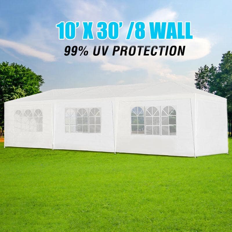 White 10' x 30' Steel Frame Outdoor Party Canopy Tent with Sidewalls