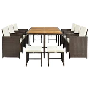 Brown 11-Piece PE Wicker Outdoor Dining Set with Beige Cushion