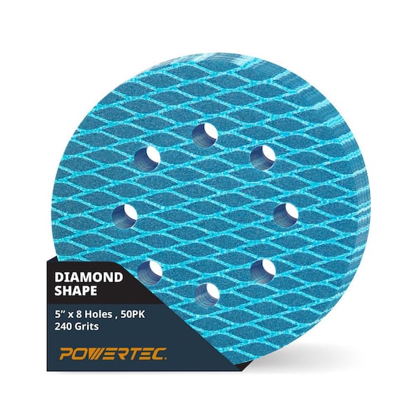 ‎POWERTEC 5 in. 8-Hole Hook and Loop Diamond Shaped 240 Grit J-Weight Cloth Backing Sanding Discs for Random Orbital Sanders, 50PK