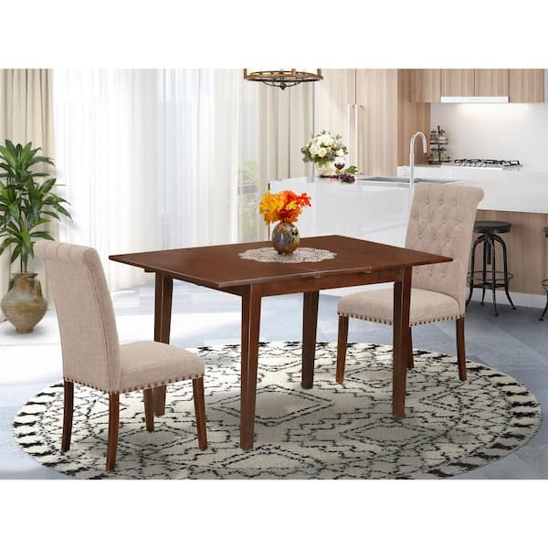 East West Furniture 3-Piece Mahogany Finish Rectangular Solid Wood Top With Butterfly Leaf Dining Table Set