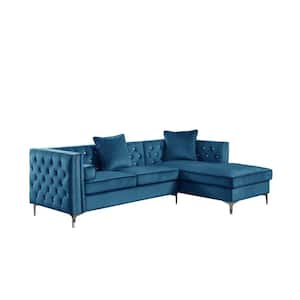 Marshall 34 in. W Arm Rest 2-Piece L Shaped Teal Blue Velvet Sectional With Tufted Crystals And Nail Head Trim