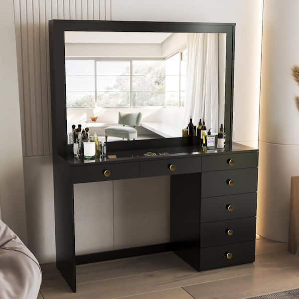 Jane Black Finish, 7 Drawers 57 in. W Dresser with Mirror