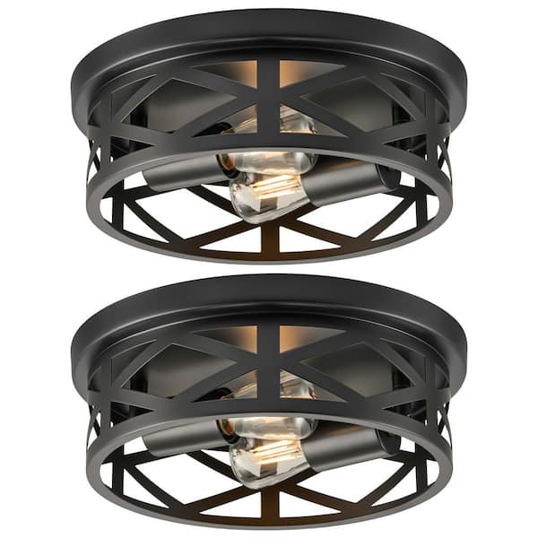 Merra 11 in. 2-Light Matte Black Flush Mount Farmhouse Metal Cage Ceiling Lights w/ Adjustable Lamp Holders E26 Bases, 2-Packs