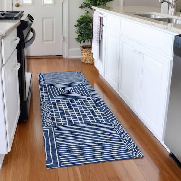 Mayfield Premium Machine Washable Abstract AMF1044 Navy 2 ft. 3 in. x 7 ft. 6 in. Runner Rug