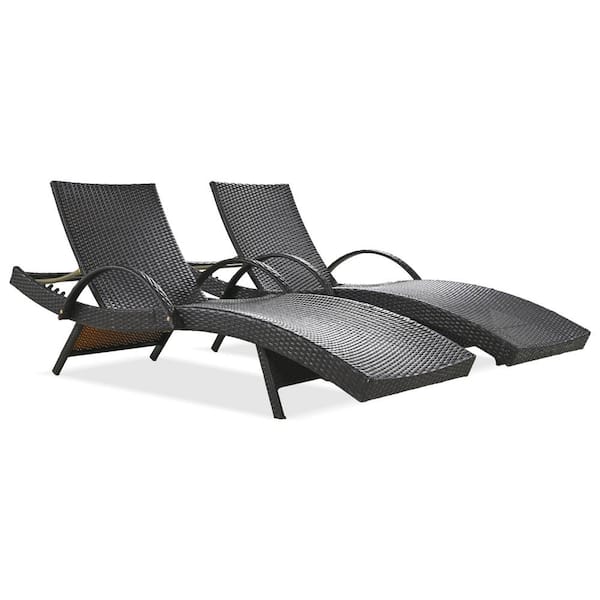 PARASOLAR Dark Brown 2-Piece 80 in. Wicker Outdoor Lounge Chair with Pull-out Side Table and Adjustable Backrest