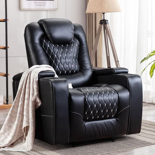 WONDER COMFORT Deluxe Black Faux Leather Overstuffed Electric Power Recliner Chair for Elderly with USB Ports, 2-Cup Holders