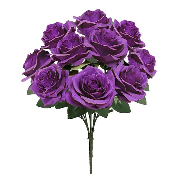 LIVING LUXURY 18 in. Deluxe Purple Artificial Queen Rose Flower Stem Bush Bouquet (Set of 2)