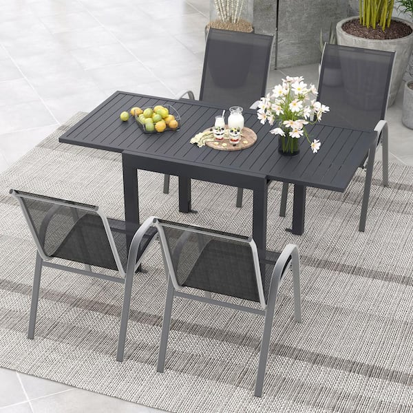 ANGELES HOME 5-Piece Metal Outdoor Dining Set with Extendable Aluminum Table and 4 Stackable Chairs