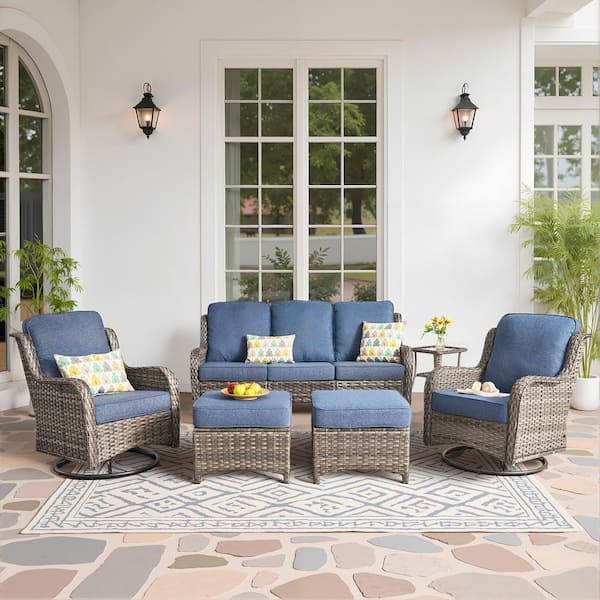 Moonlight Gray 6-Piece Wicker Patio Conversation Seating Sofa Set with Denim Blue Cushions and Swivel Rocking Chairs