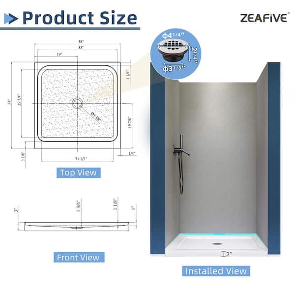 Nsip 38 in. L x 38 in. W Alcove Single Threshold Acrylic Shower Pan Base with Center Drain Non-Slip Shower Tray in White
